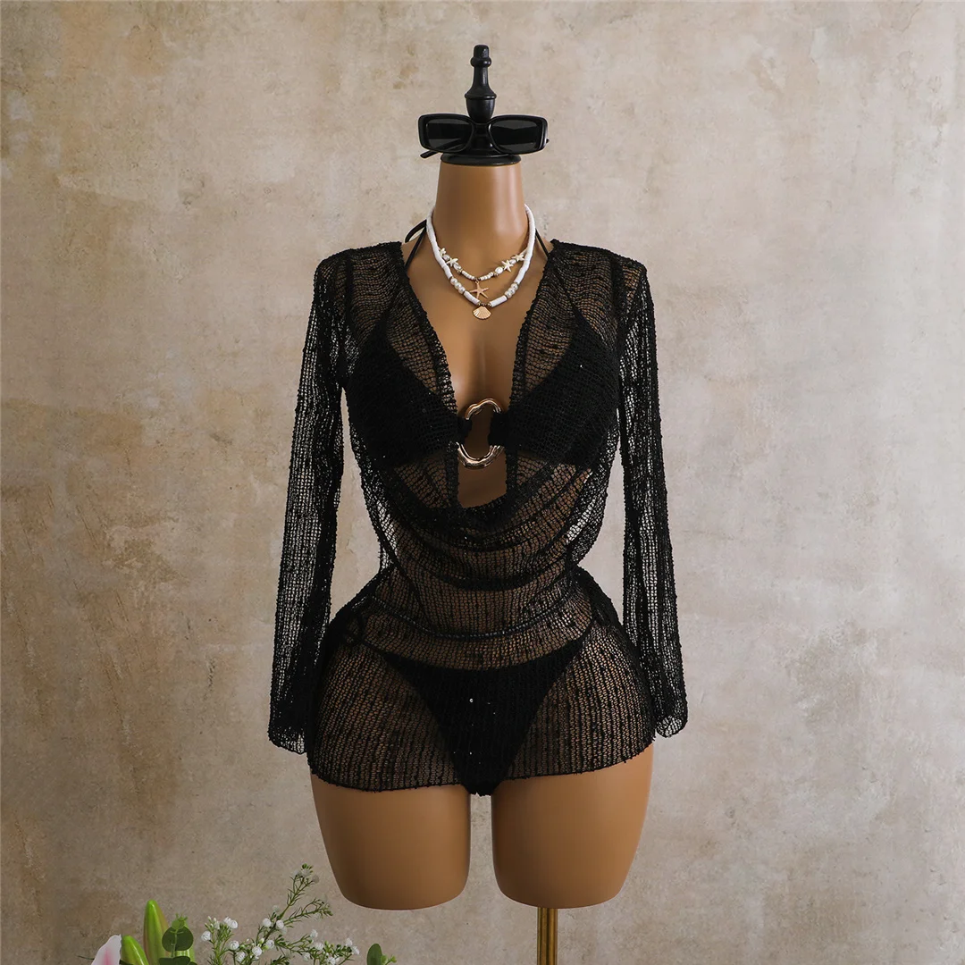 Sexy Neckholder-Bikini, Damen-Badeanzug, dreiteiliges Bikini-Set mit langärmeligem Kleid, Badeanzug, Badebekleidung, Schwimmanzug V7925C – Detail 33