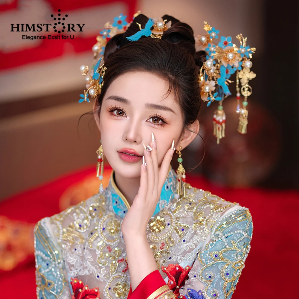 HIMSTORY Chinese Style Wedding Phoenix Hairpin Crystal Han Costume Ancient Headdress Bride Xiuhe Hairwear Ornament