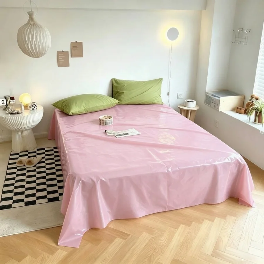 Thin Waterproof Oilproof Plastic PVC Pure Pink Bed Sheets Free Wash Dirt Resistant Essential Moisture-Proof and Dirtyproof