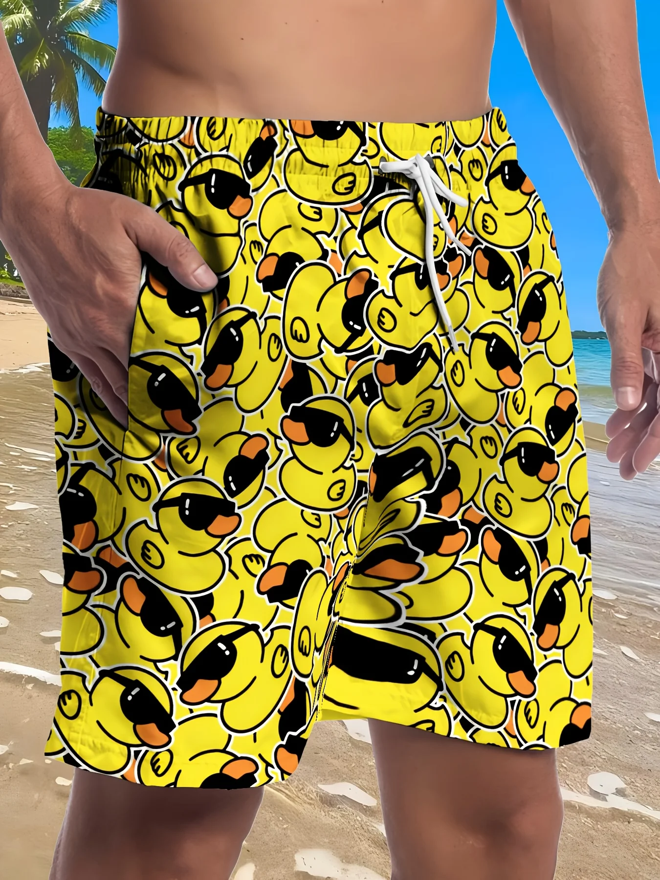 Men's Fashion Duckling Pattern Digital 3D Printing Men's Casual Drawstring Shorts with Pockets Suitable for Summer Leisure