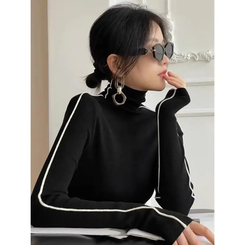Spring and Autumn Women Sweaters New Style Patch Collar Stylish Solid Color Slim Minimalist Casual Long Sleeve Knitted Top
