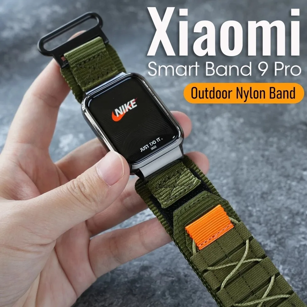 

Outdoor Braided Nylon Band + Metal Case for Xiaomi Smart Band 9 Pro 9 Active 8 Pro bracelet Breathable Sport Nylon Velcro Strap