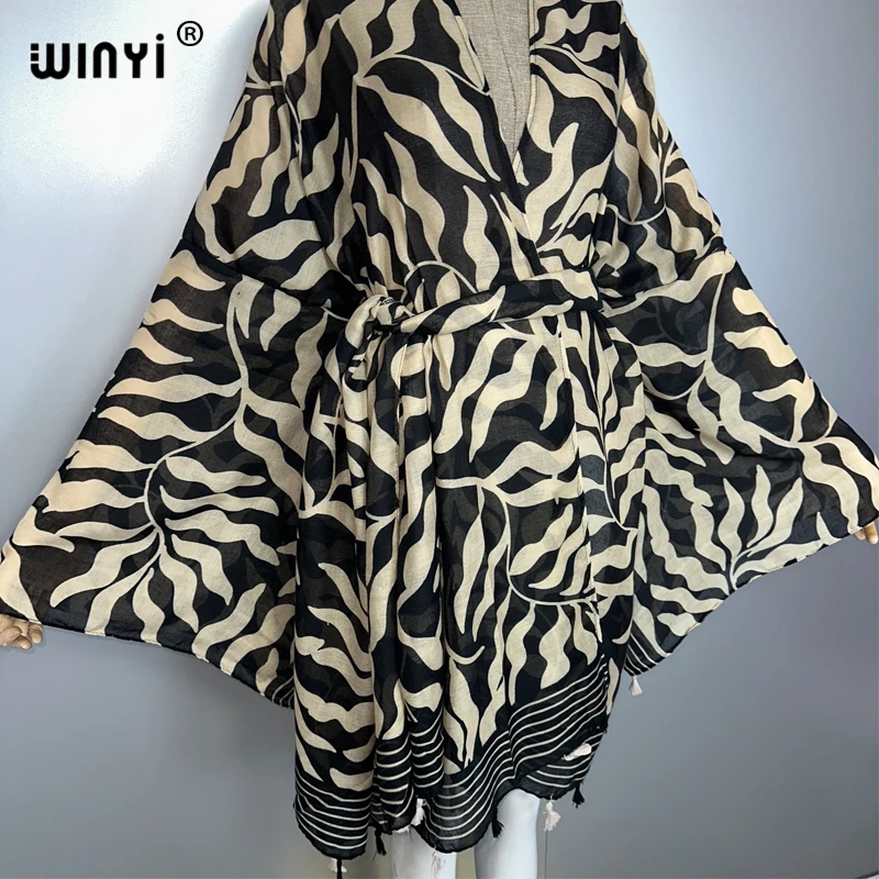 WINYI Afrika Mode Kimono Strand Outfits Frauen Sommer Strand Cover Up Strickjacke Stich Selbst Gürtel Urlaub Langarm Print Mantel