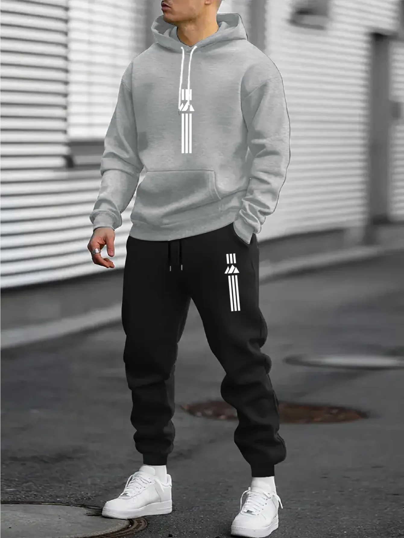 Men 2Pcs Streetwear Tracksuit Minimal Vertical Stripes Geometric Graphic Hooded Pullover HoodieDrawstring Jogger PantsSport Suit
