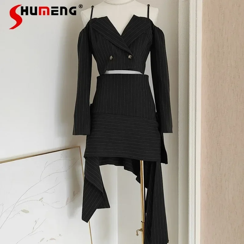 

2024 Popular Design Fashion Vertical Striped Suspender Lapel Top Blazer High Waist Hip Wrap Streamer Skirt Sets Women's Clothing