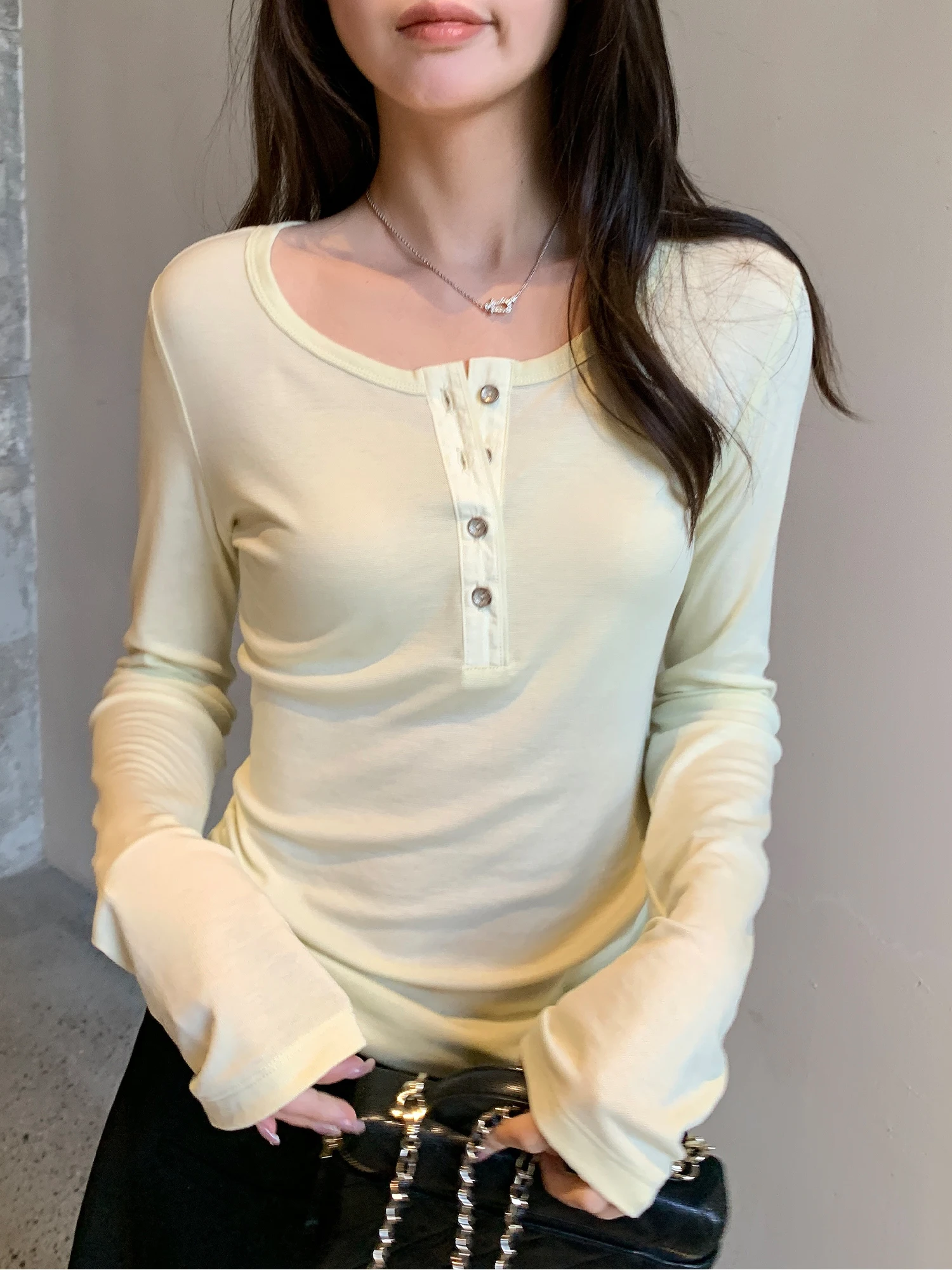 

Comfortable Long Sleeve T-Shirt Women's Slim Fit Henry Collar Top Breathable Lyocell Silk Casual Style Spring Summer Fashion