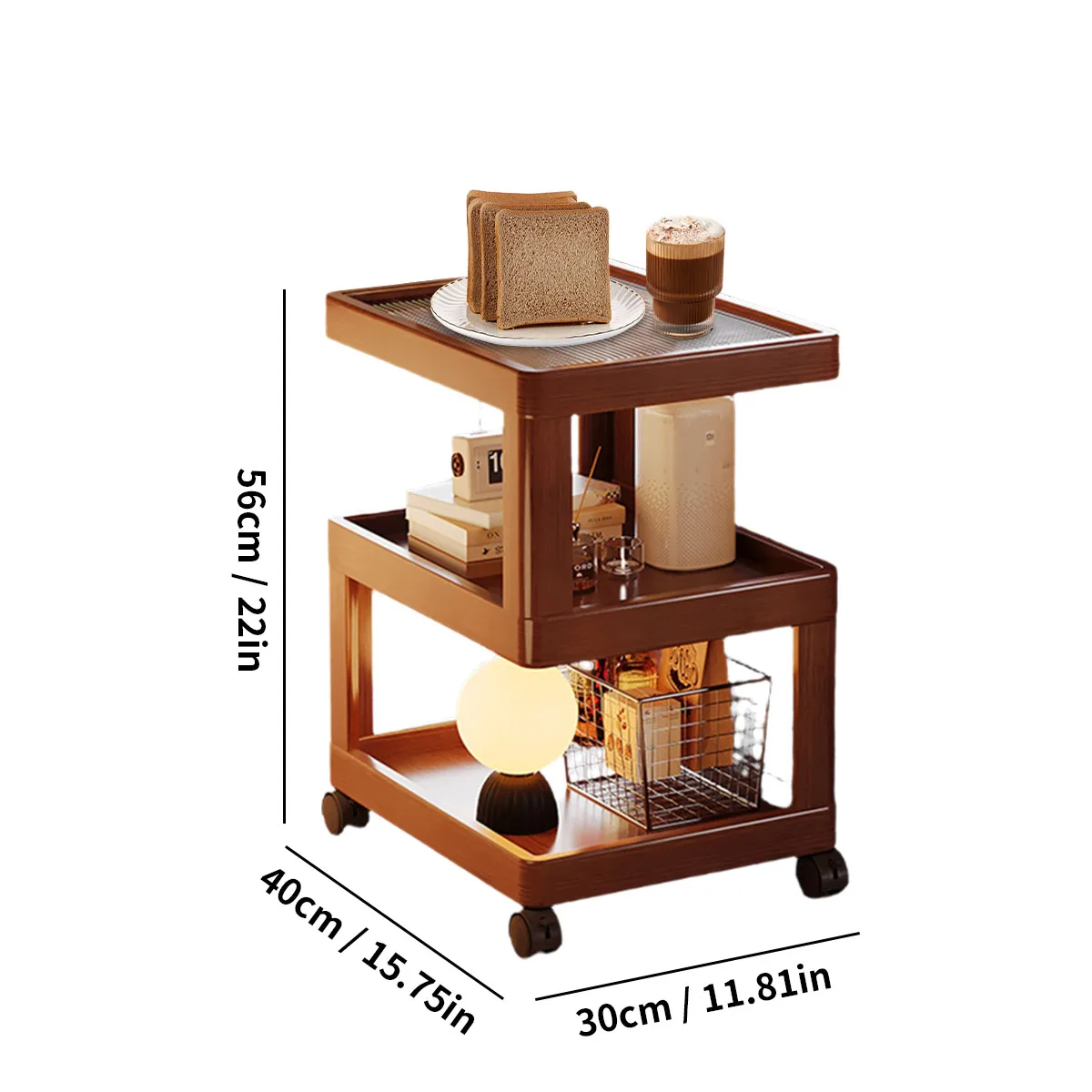 Geometric 3-Tier Bamboo Storage Side Table with Acrylic Surface & Wheels, Tea Brown Living Bedroom Furniture image 6