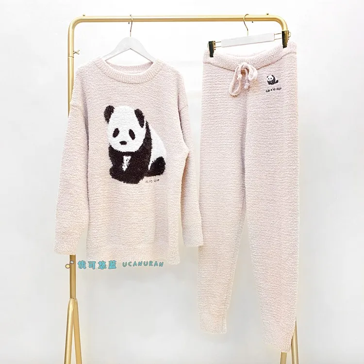 Japan Winter Thick Warm Sweater Pajamas Panda Style GP Sleepwear Home Wear Pique Night Gown Loungewear Set