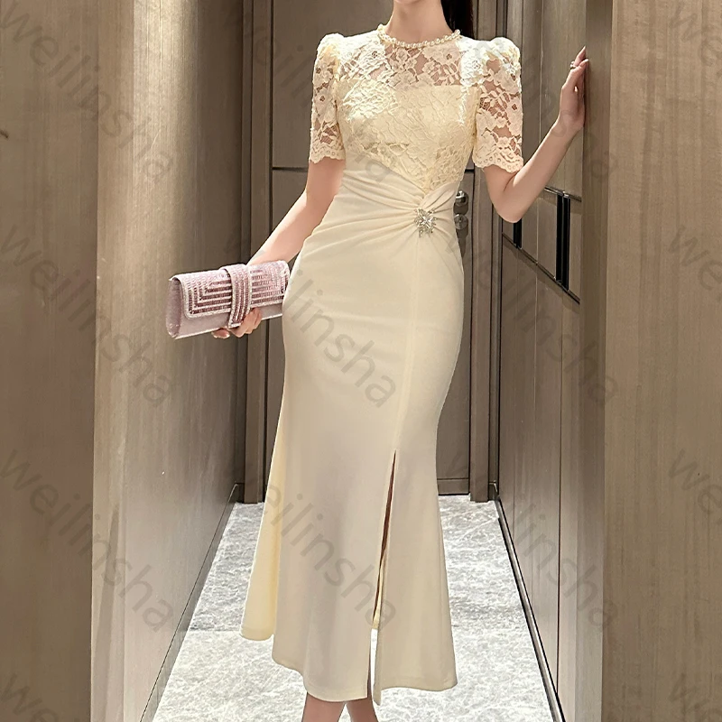 

Sexy O-Neck Short Sleeves Evening Dresses Sexy Side Slit Celebrity Long Dress Exquisite High Quality Prom Party Gowns Customized