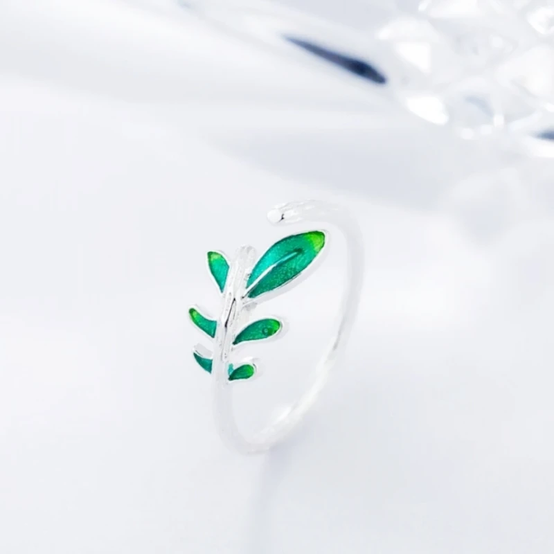 Literary Fresh Leaves Green Drops Glaze Branches Cute 925 Sterling Silver Female Resizable Opening Ring RI240
