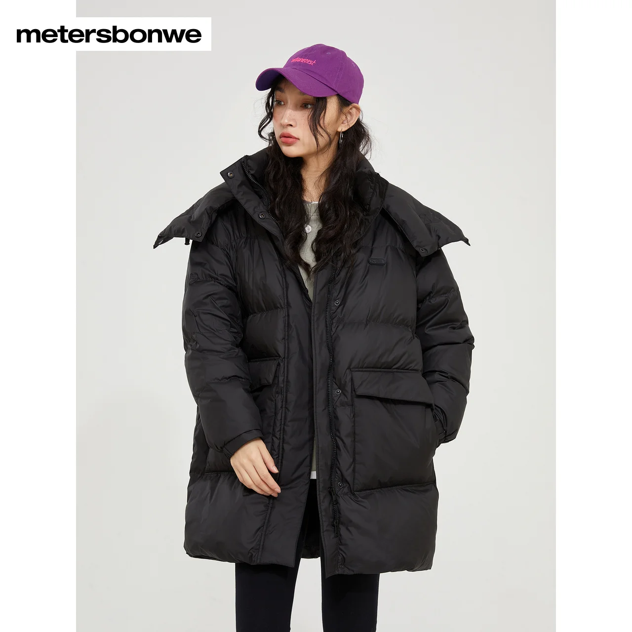 Metersbonwe-Medium Length Remove Scarf Collar Down Jacket for Women, Pure Color, Loose Thick Warm Wear, Winter