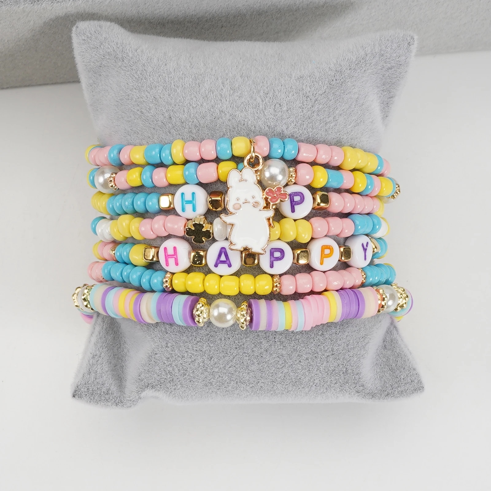 Easter Bracelets Set Colorful Stackable clay Beaded Stretch Bracelets Boho Vinyl Disc Bracelets for Women