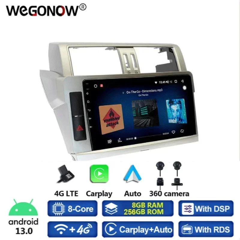 1080*720 8GB+256GB DSP Android 13.0 Car DVD Player GPS Map WIFI Carplay Bluetooth 5.0 RDS Radio 4G LTE For Toyota PRADO 2013 +