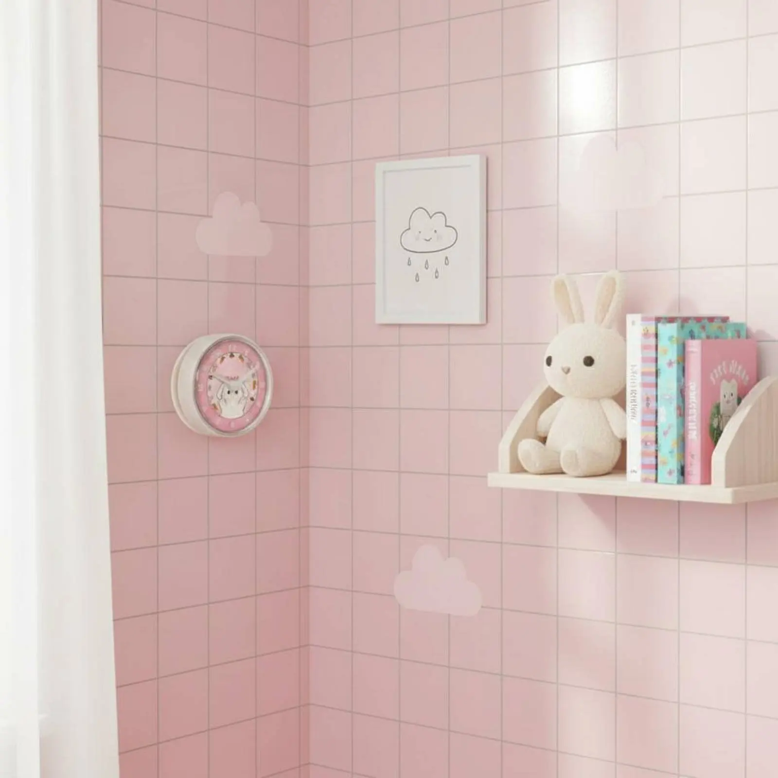 

Rose Cottontail Shower Clock Suction Mount Waterproof Cartoon Clock Home Decor Fogproof Silent Movement for Girls, Bathroom