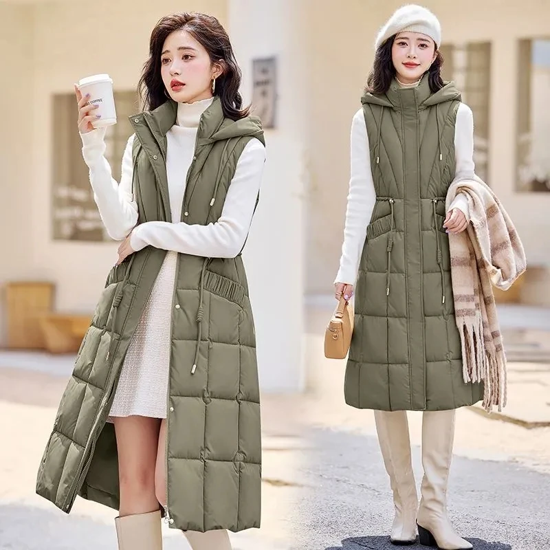 2024 New Long with Hood Outdoor Vest Down Women\'s Jacket Quilted Coat Sleeveless Jacket Winter Light Weight Sweaters Outwear