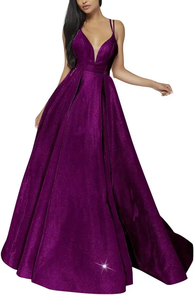 

Glitter Long Prom Dresses 2026 Sparkly Evening Gown with Slit Spaghetti Strap V Neck Formal Prom Gowns with Pocket Dress Party
