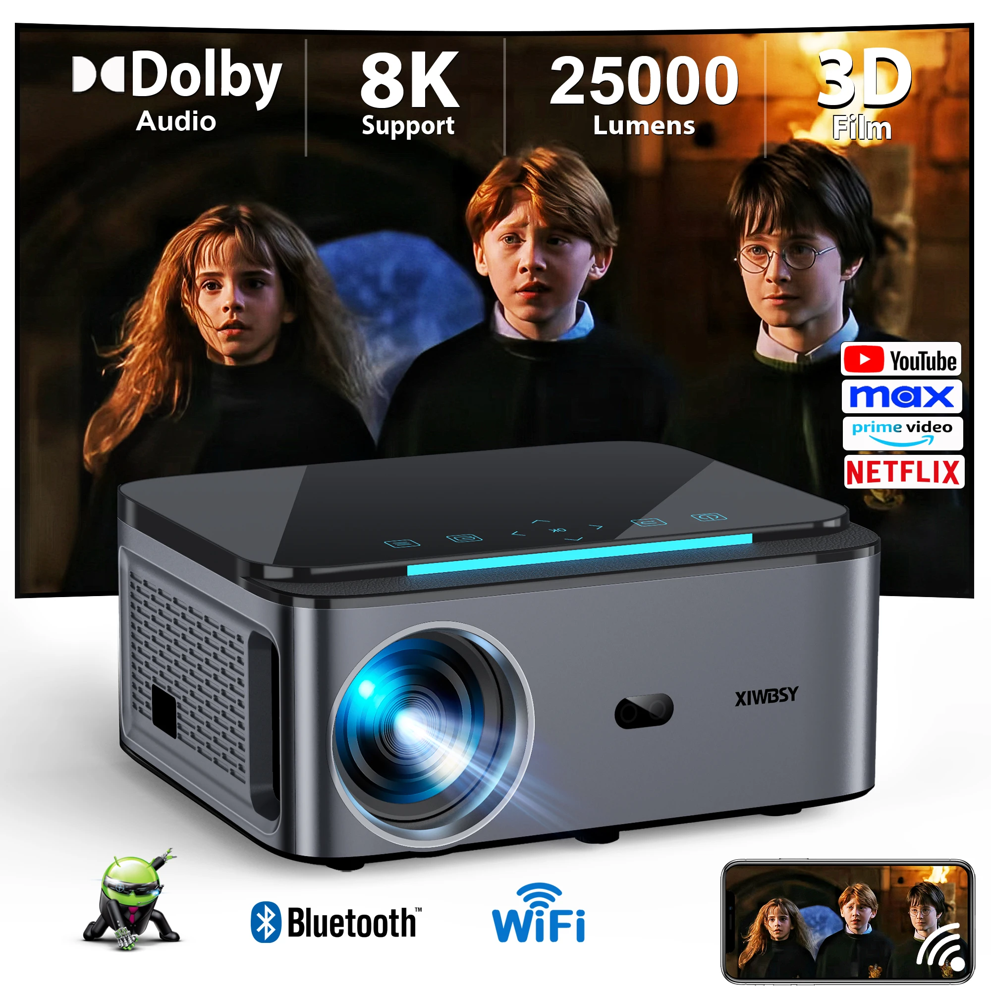 XIWBSY 25000Lumens Android Projector 4K 800ANSI Native 1080P Auto Keystone Projector Wifi6 Dolby Audio Home Theater Proyector