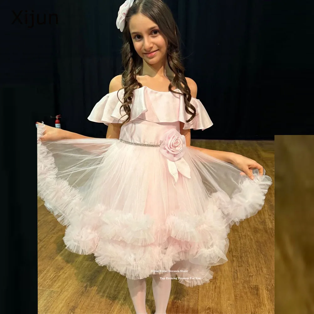 

Платья для девочек Xijun Princess: розовые, с рюшами, рукавами-лодочками, А-силуэт, для торжественных мероприятий, с 3D цветами, на заказ