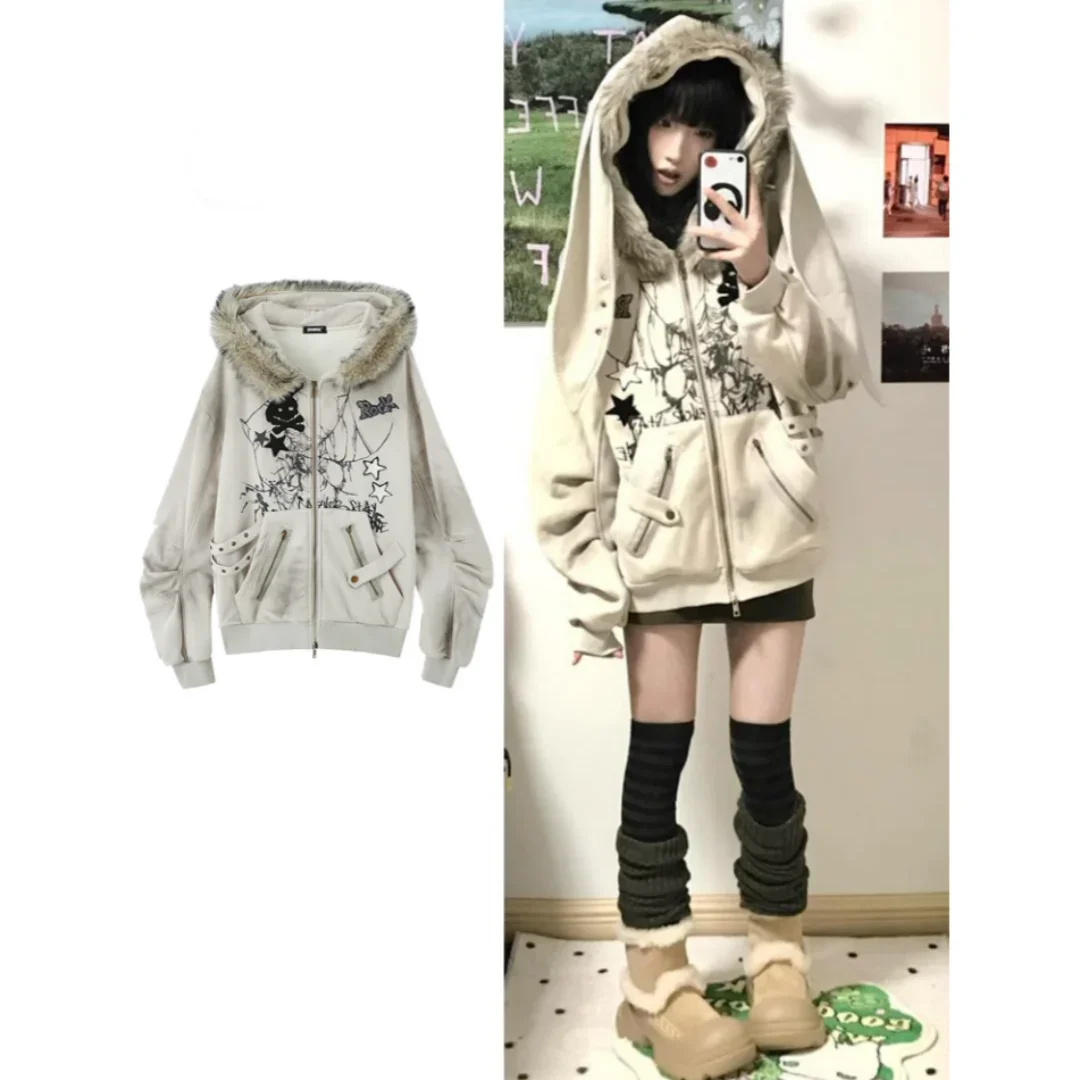 Y2K Subculture Hooded Cardigan Women's Autumn Winter Rabbit Ear Faux Fur Collar Oversized Lazy Style Zipper Closure Sweatshirt