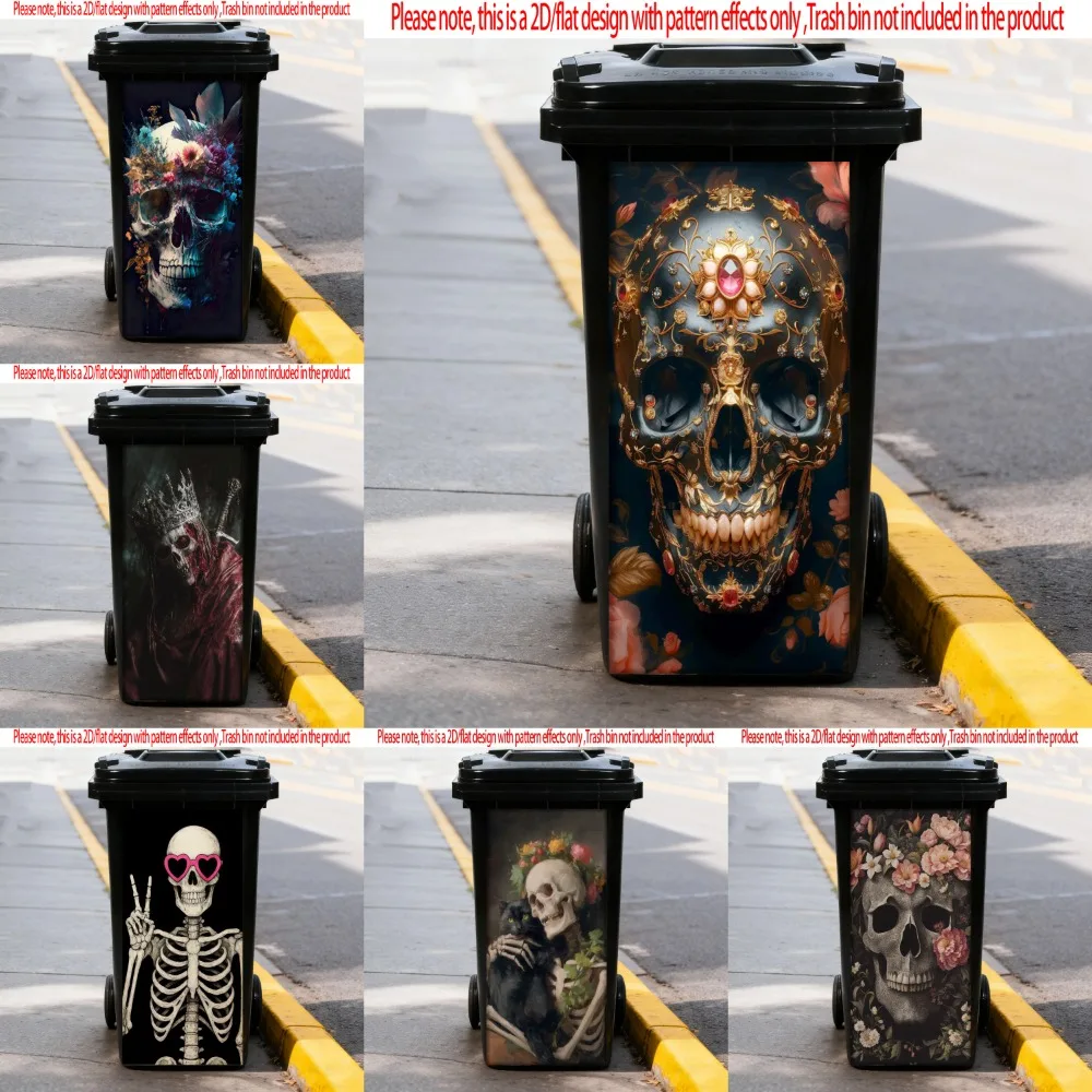 

1Pc 2D Flat Horror Skull Flower Trash Can Sticker Bin Stickers Outdoor Self Adhesive Wallpaper Home Wall Art Kitchen Decoration