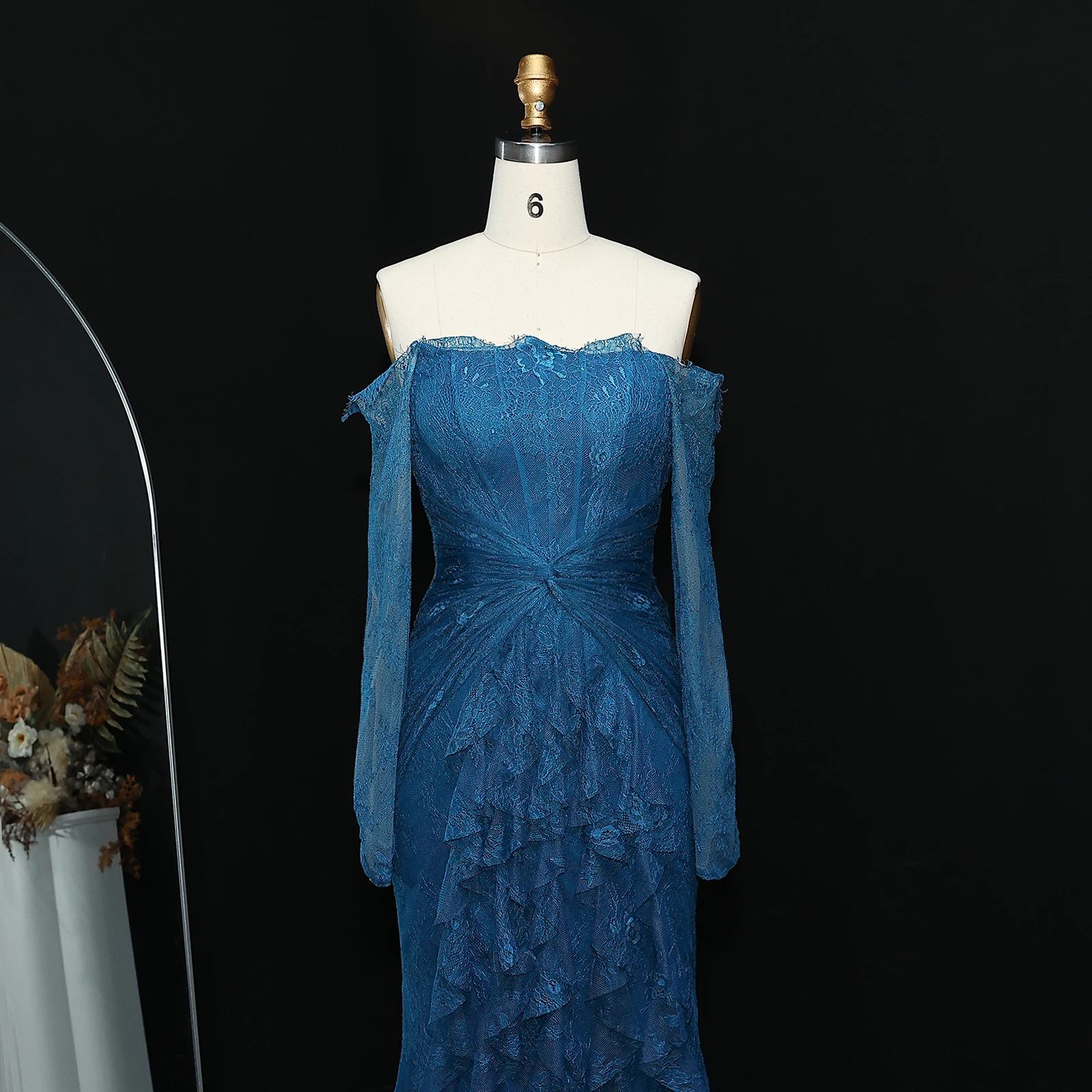Sharon Said Black Lace Off Shoulder Evening Dress with Long Sleeves Mermaid for Woman Wedding Arabic Prom Gown SF519 Customized image 3