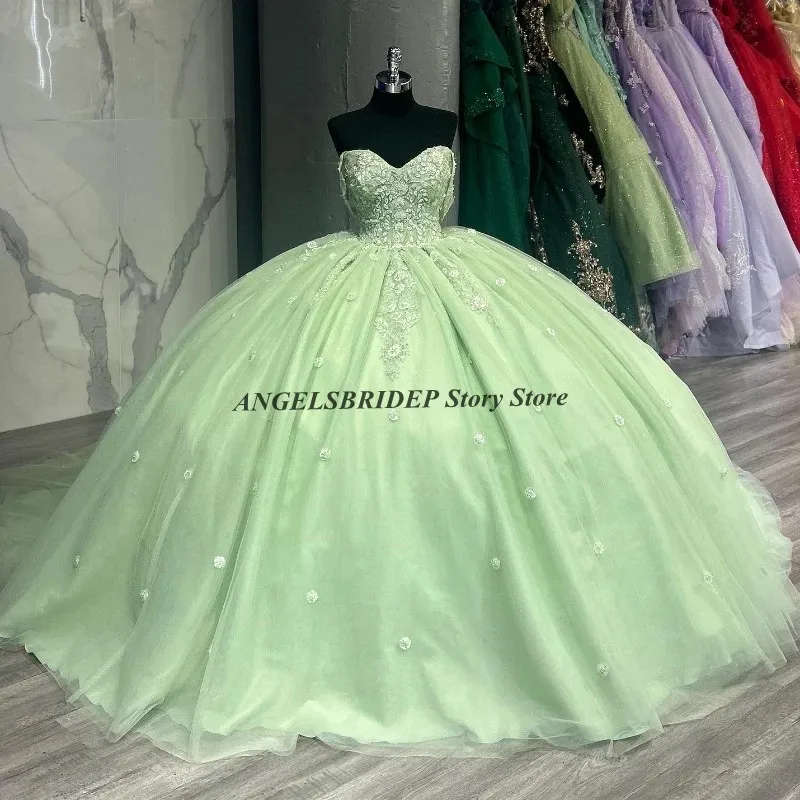 

ANGELSBRIDEP Glitter Light Green Quinceanera Dresses Ball Gown Applique Lace Beading Tull Corset Vestidos De 15 For 16 Sweet