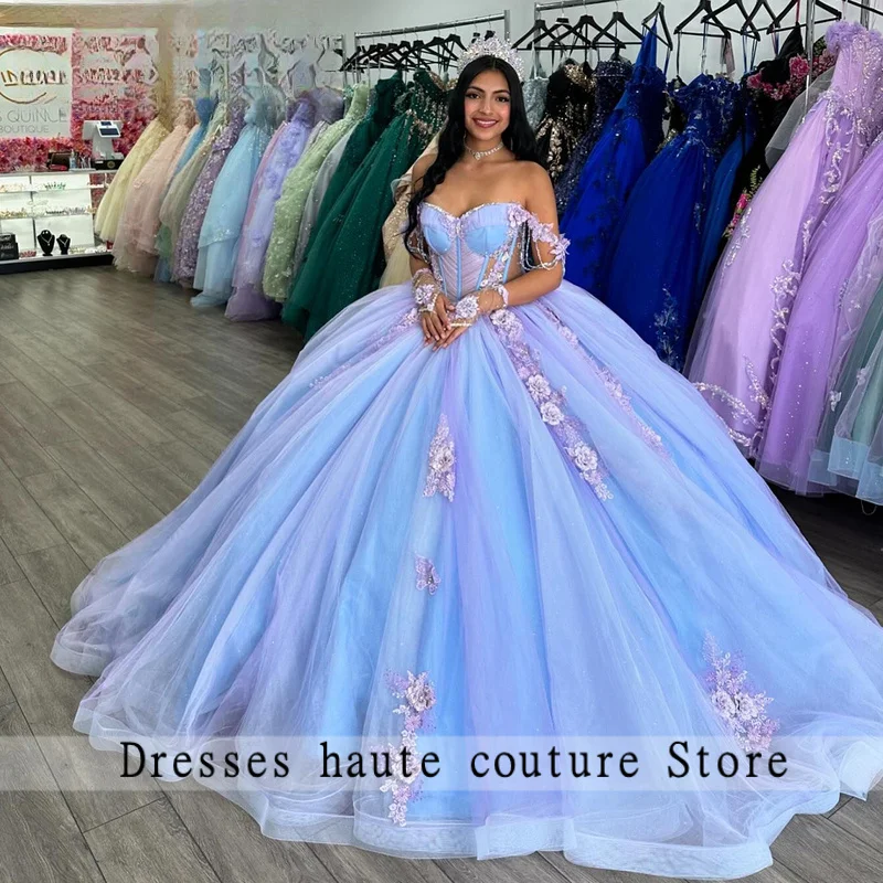 

Fashionable 3D Butterflies Quinceanera Dresses for Girls Off Shoulder Tulle Pleat Vestidos De 15 Anos Customized