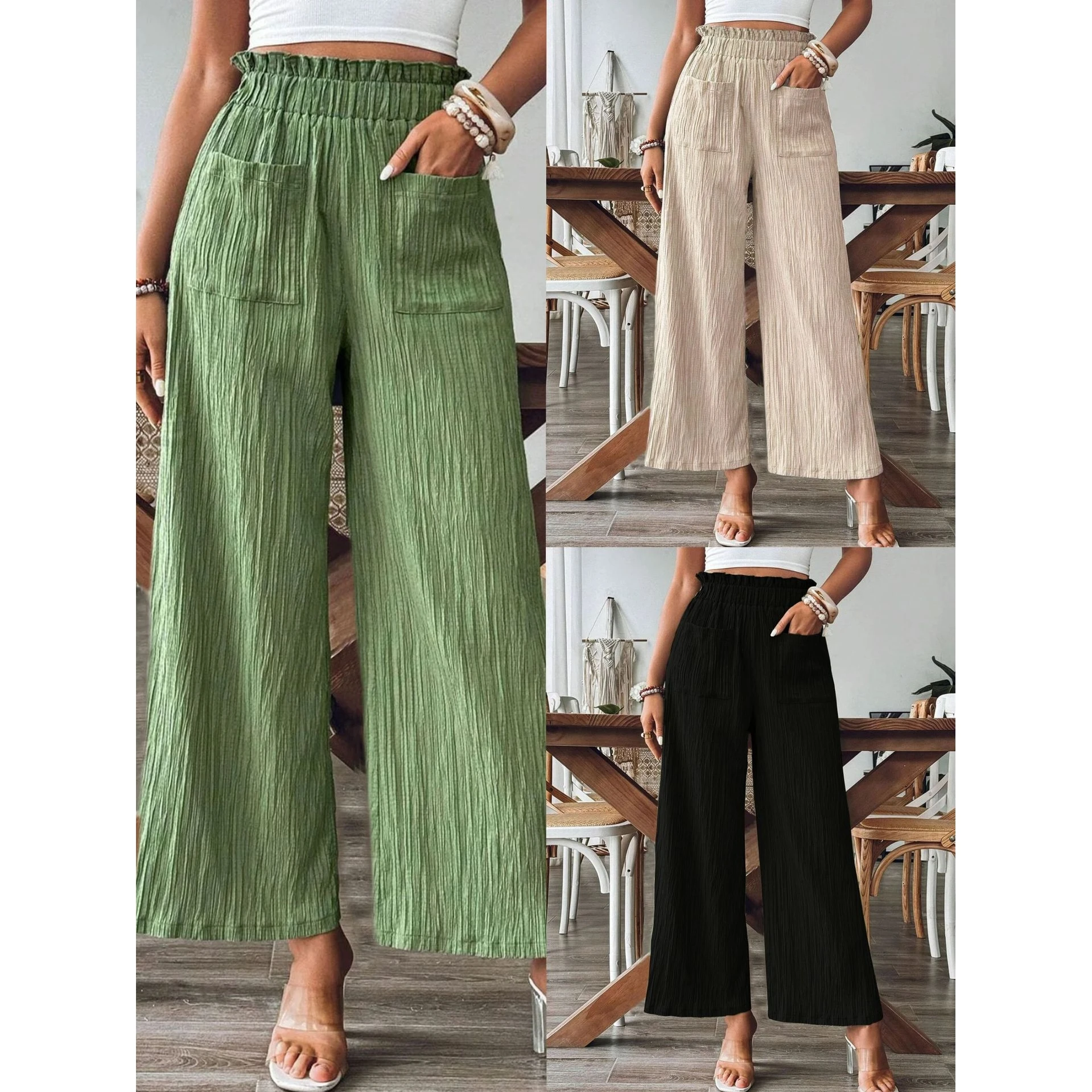 Cross-Border Casual Fashion Pants Straight Leg Pure Color Independent Women's Clothing Thin Model Elastic Waist Summer 2024