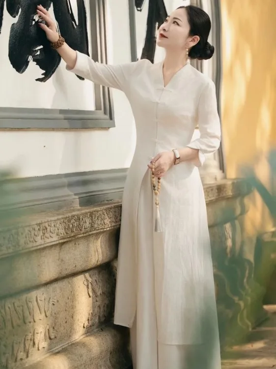 Conjunto de duas peças de linho de algodão feminino chinês sle zen dr tradicional nacional faion vestido melhorado com botões