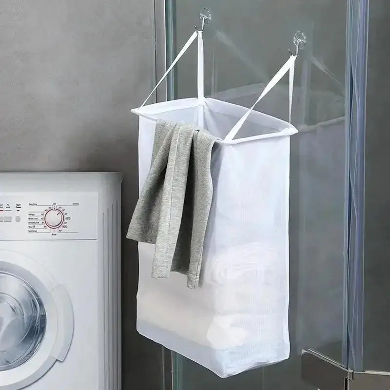 New Home Foldable Multifunctional Wall Hanging Laundry Basket Washing Clothes Organizer Mesh Storage Punch Free Adhesive Hook - view 2