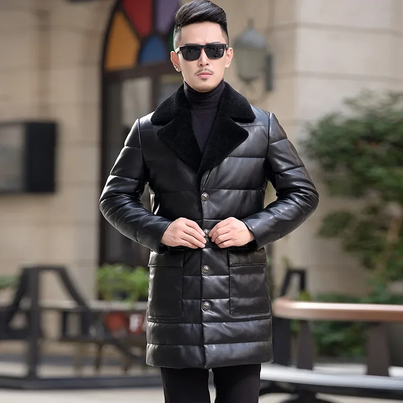 Winter Suit Collar With Velvet Mid To Long Leather Down Jacket Men High Quality Slimming Down Coat Man Composite Sheepskin Coat