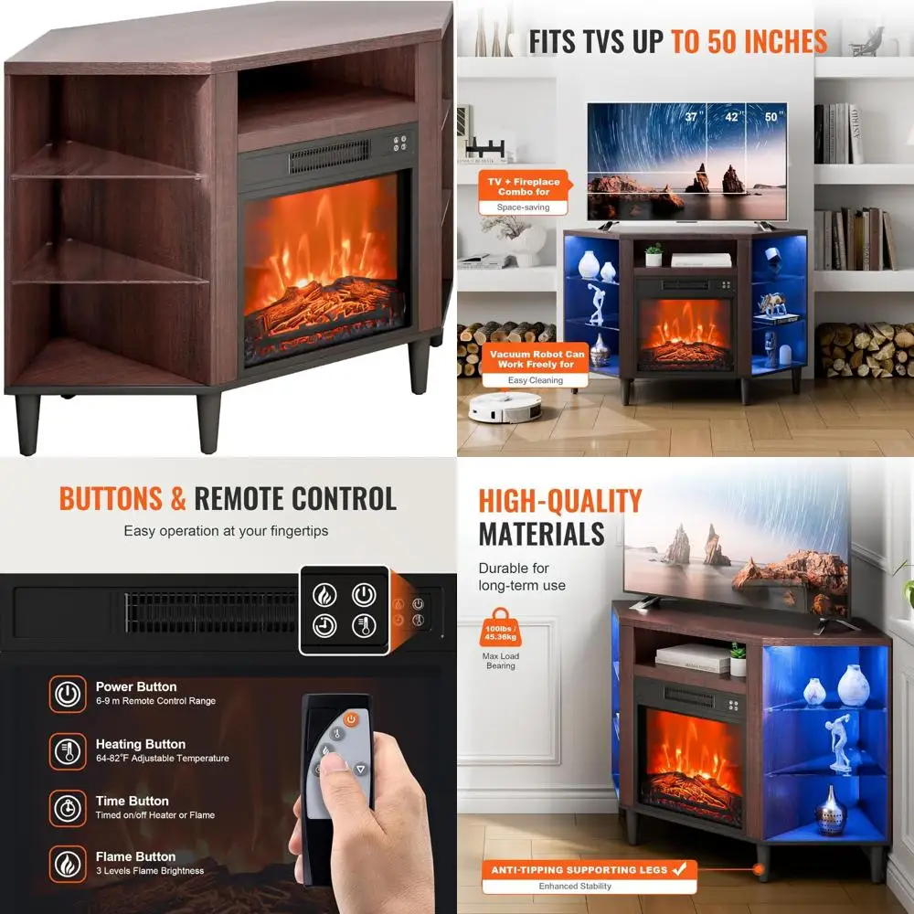 ヴィンテージデザインのコーナー電気暖炉テレビ台、50インチテレビ対応、暖炉18個、LEDライト20個、リモコンとタイマー付き、リビングに最適