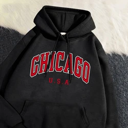 Casual Woman Hoodie Chicago Usa City Letter Graphic Printing Pullover Fleece Comfortable Pocket Sweatshirt Autumn Streetwear