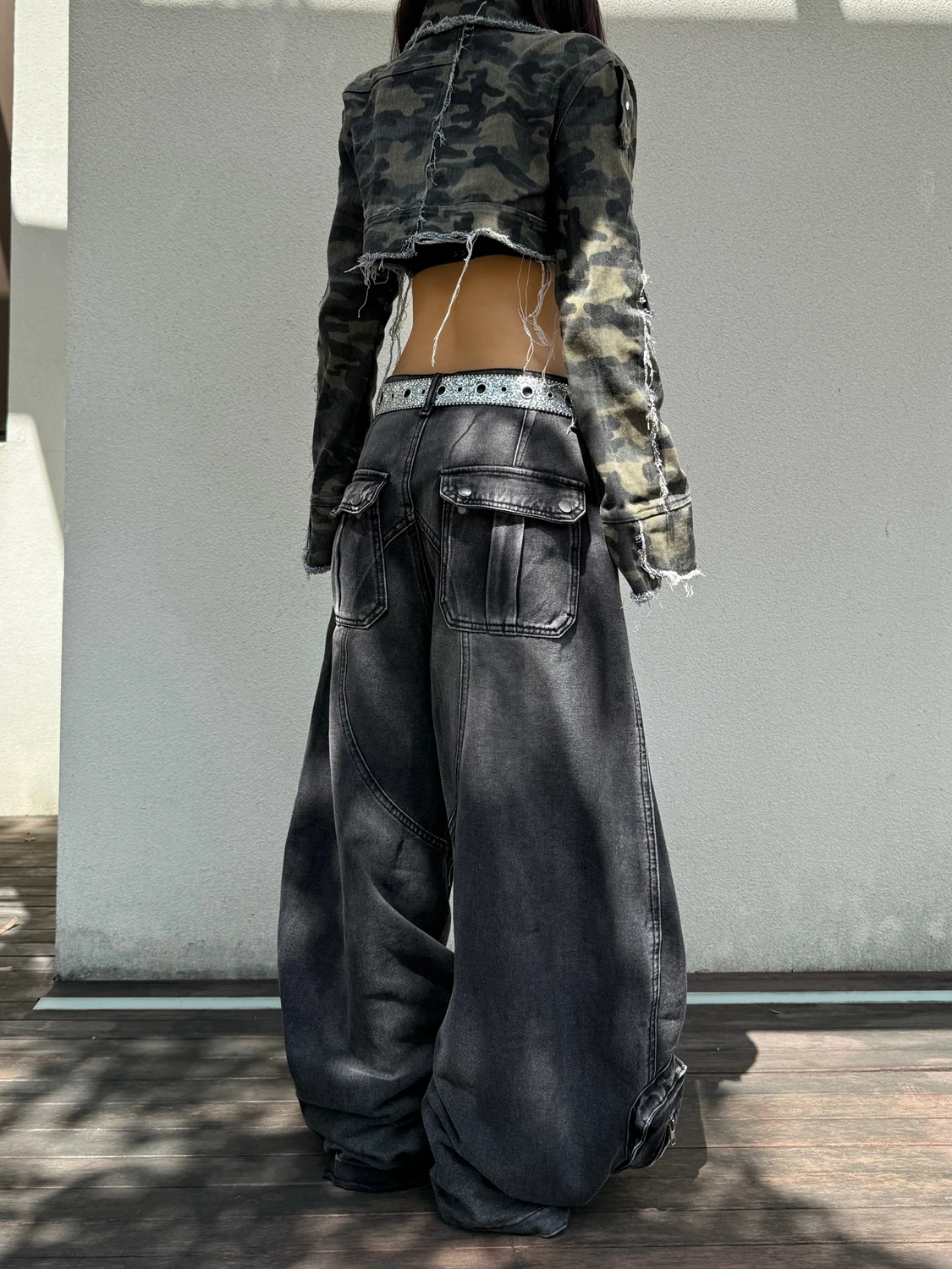 Women's Multi-pocket Design Retro Wide Legs Cargo Jeans Street Style Girl Trousers Casual Bottoms Female Baggy Black Denim Pants