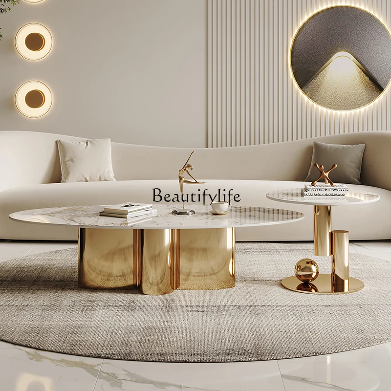 طاولة قهوة إيطالية بسيطة من JJ، طاولة قهوة بيضاوية الشكل فاخرة وحديثة الطراز من الفولاذ المقاوم للصدأ