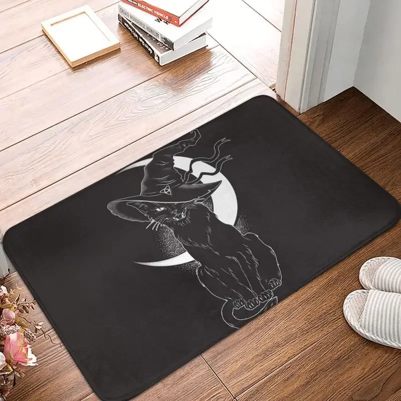 Custom Black Cat With Pointy Witch Hat Doormat Mat Anti-Slip Halloween Night Moon Bathroom Kitchen Toilet Rug Carpet 40*60cm