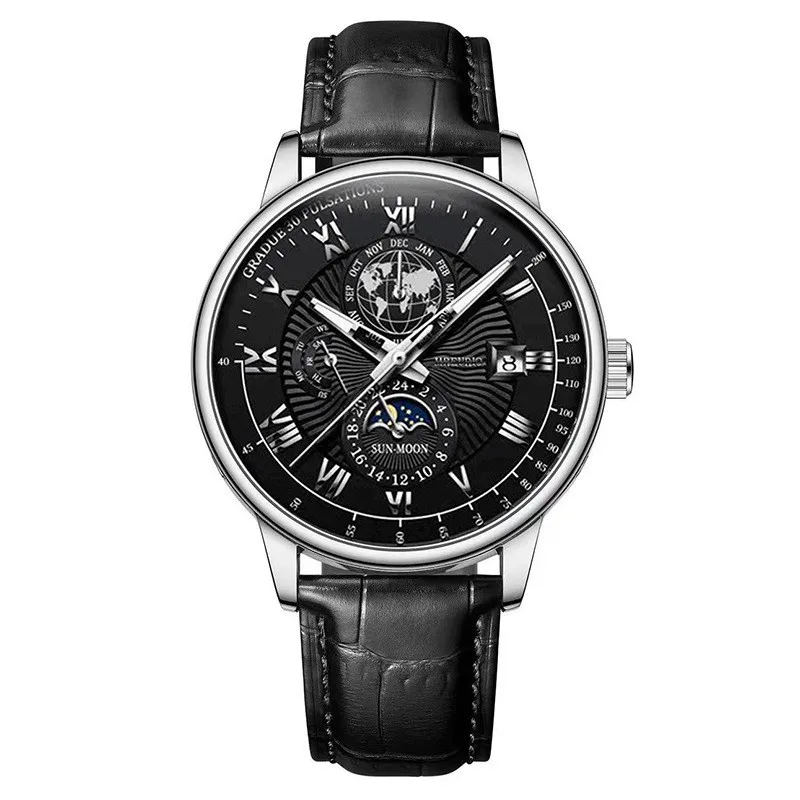 New fashion hot selling calendar, three eye starry sky moon watch, men's watch, men's watch, leather strap, quartz watch