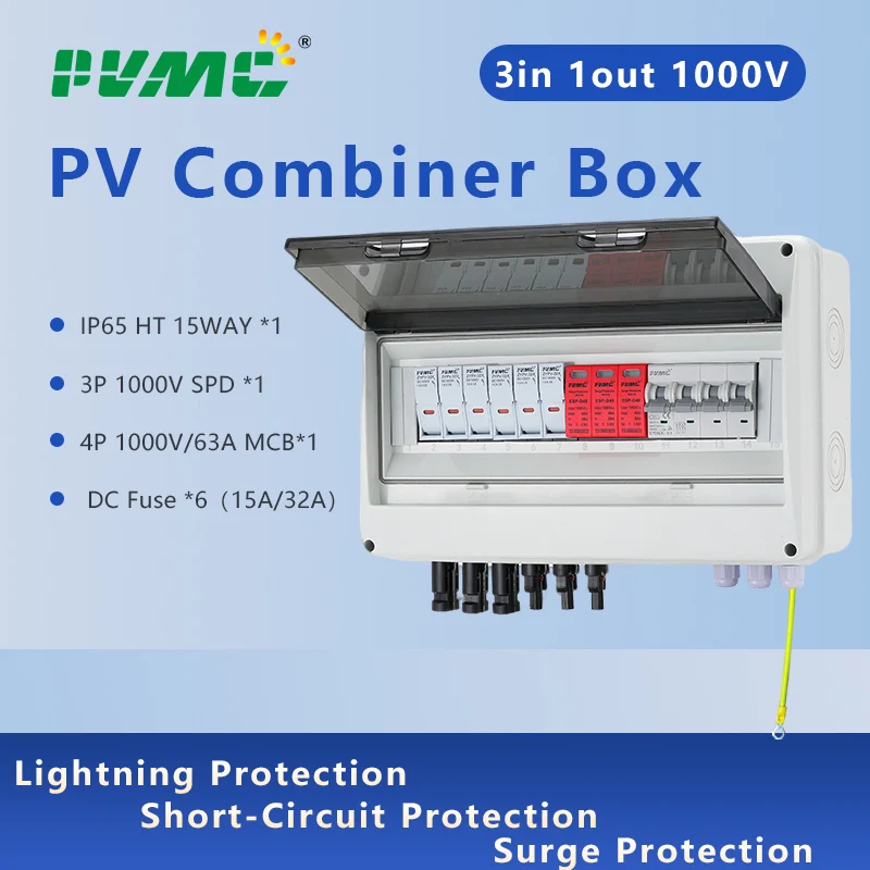 HT 3 in 1 out DC1000V Solar photovoltaic PV Combiner Box With Lightning Protection 32A Fuse MCB SPD Waterproof IP65 Distribution