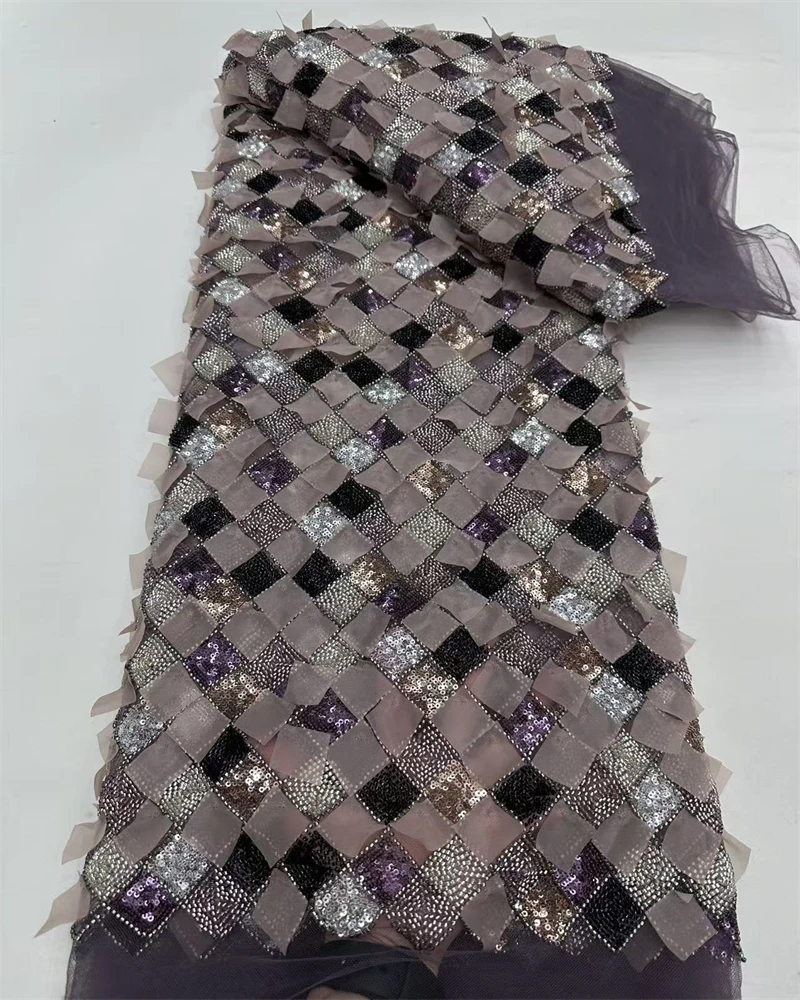 Luxury French Mesh Lace Fabric with African Nigerian Sequins for Wedding Dress Embroidery Sewing Material
