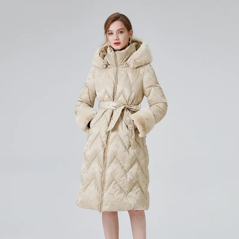 Winter Hooded Down Coats Women Waisted Overcoats High-end Thickened Long Jacket Commuter Style White Duck Down Rabbit Fur Parkas