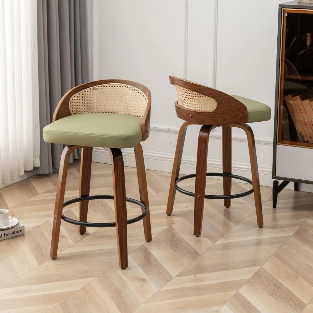 Drehbare Rattan-Barhocker, Mid-Century Modern, mit Kunstleder gepolsterte Barhocker in Barhöhe, Kücheninsel-Barhocker, Rattan-Rückenlehne