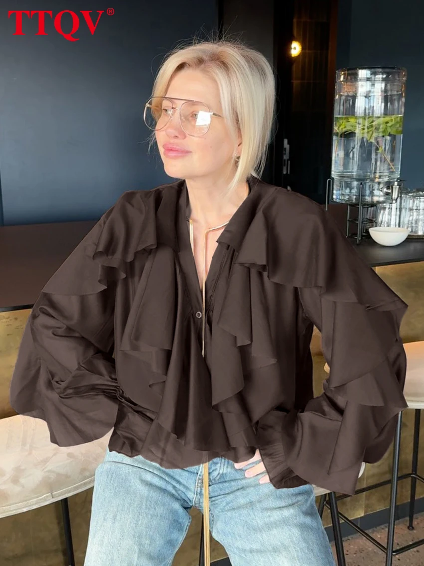 

TTQV Fashion Loose Brown Women's Shirt 2026 Spring V-Neck Long Sleeve Lady Shirts Elegant Classic Ruffles Top Female Clothing
