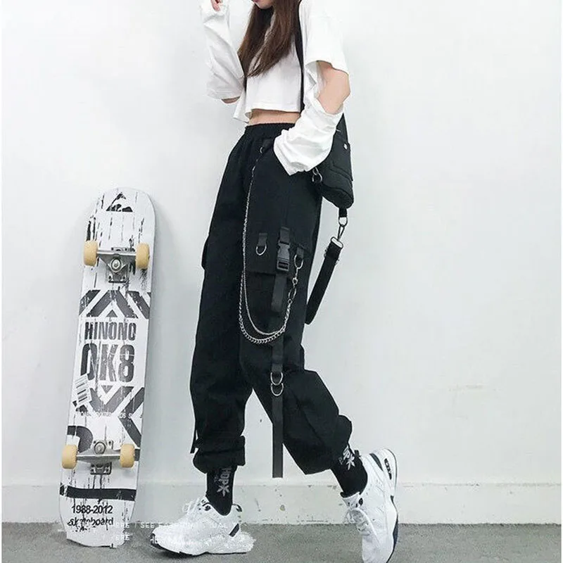 

Women Cargo Pants 2024 Harem Pants Fashion Punk Pockets Jogger Trousers With Chain Harajuku Elastics High Waist Streetwear