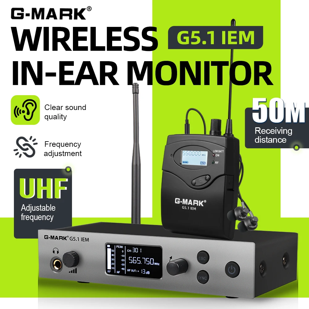 

Беспроводная система мониторинга для сцены G-MARK G5.1IEM UHF с выбором частоты, для певцов, гитаристов, студий и диджеев