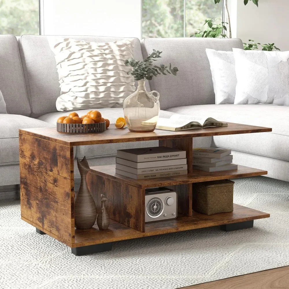 Mid Century Modern Coffee Table with Storage Shelves,  3-Tier Rectangular Wooden Tea Table