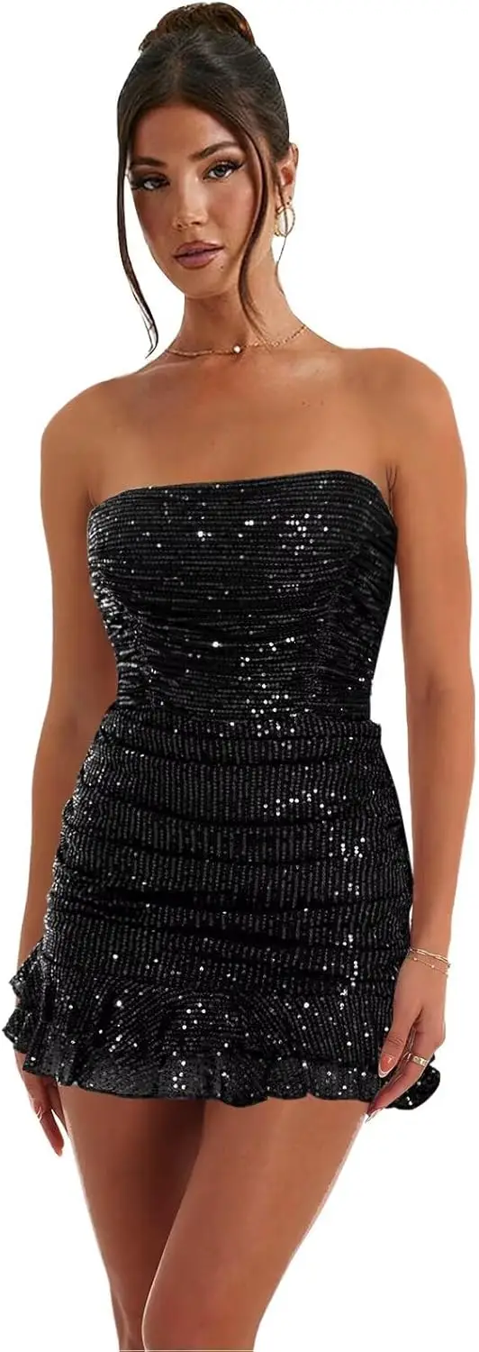 

A Line Sparkly Sequin Homecoming Dresses 2025 Strapless Short Tight Ruffle Mini Corset Cocktail Gown Above Knee , Mini