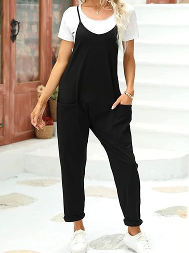 

Casual Women Jumpsuit Summer Spaghetti Strap Romper Pants Sleeveless Solid Color Overalls With Pockets