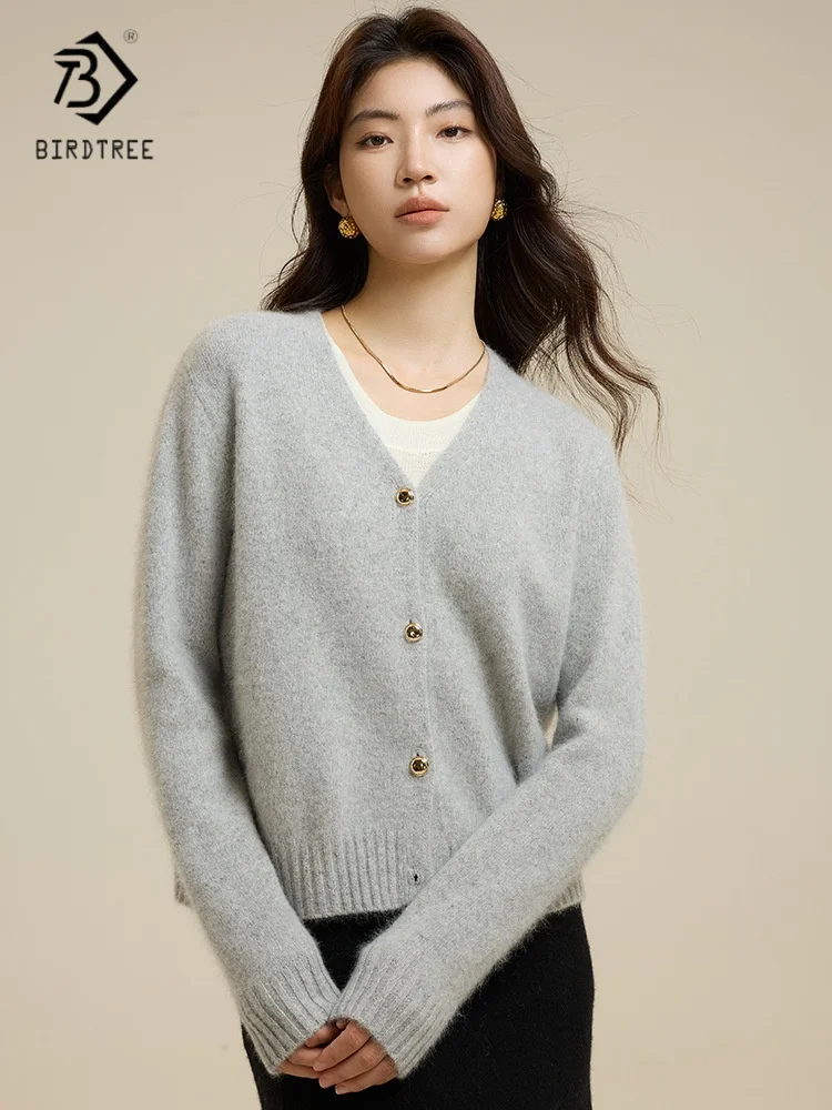 

Birdtree, вязаный кардиган из овечьей шерсти 30,%, женский однотонный свитер с v-образным вырезом и длинными рукавами, осеннее однобортное пальто 2025 T59927JF