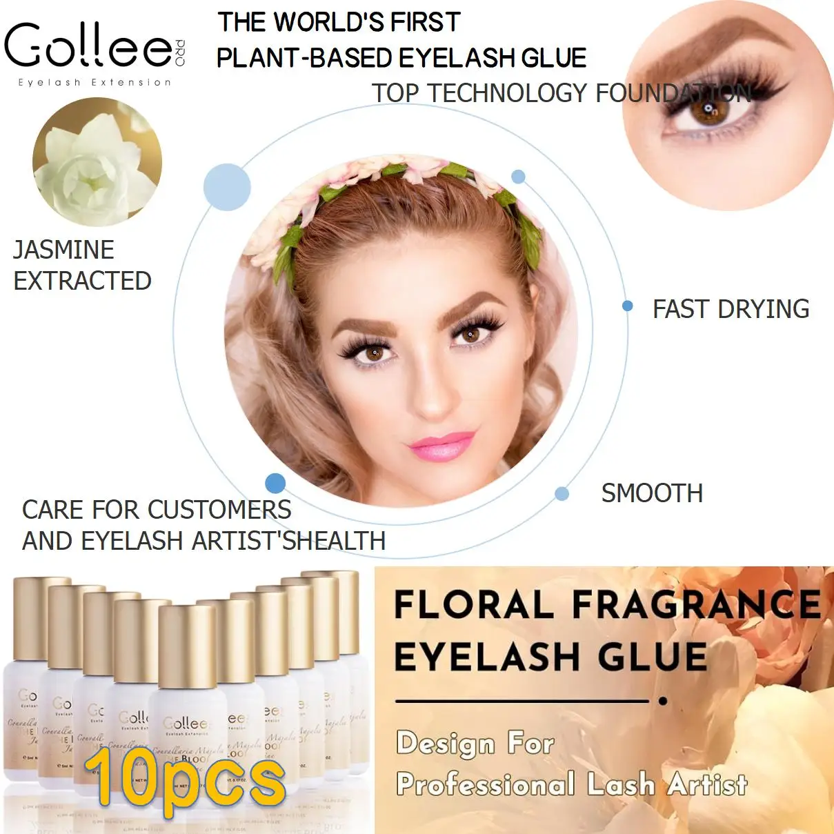 Gollee 10pcs Care for Health Jasmine Scent Lash Extension Glue 1s Fast Drying False Eyelash Adhesive Waterproof Smooth Supplies