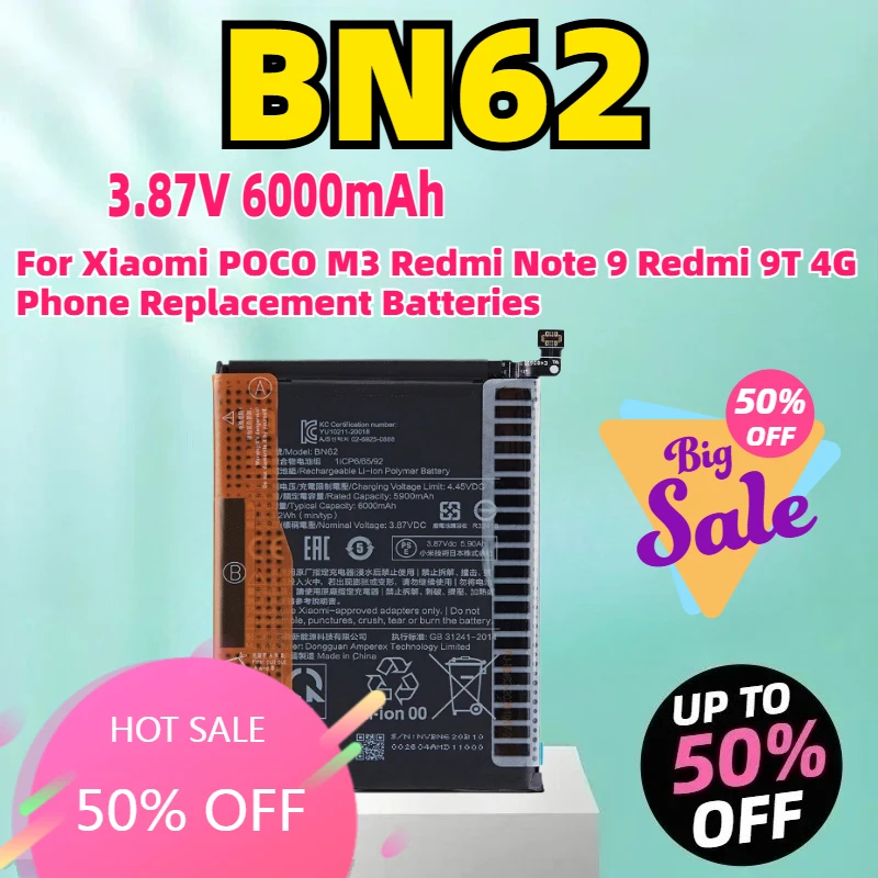

BN62 3.87V 6000mAh Battery For Xiaomi POCO M3 Redmi Note 9 Redmi 9T 4G Phone Replacement Batteries